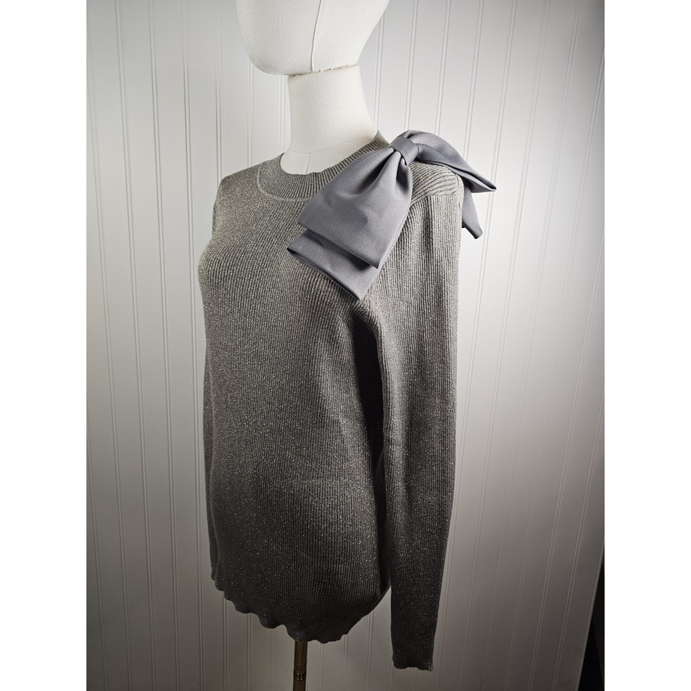 Ted Baker Metallic Gray Ribbed Crew Neck Sweater with Bow Silk Blend Women's 4